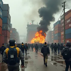 Scene showing a disrupted port or protest, representing the real-world economic and social impact of covert digital actions.