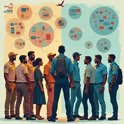 Visual metaphor showing diverse specialists like digital analysts, psychologists, and field agents combining skills for a hybrid operation.