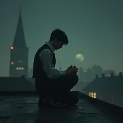 Seventeen year old Elliot in the 1930s boarding school praying on the rooftop, seeking answers from a silent God.