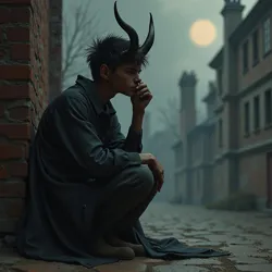 Young devil Nyxos contemplating the infernal hierarchies and his place within them, showing curiosity about humanity.