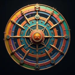 Rainbow colored Dial of Worlds, a peculiar artifact used to open portals and traverse the theosophic cosmos.