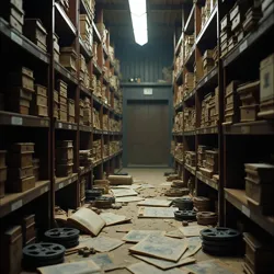 Dusty film reels and concept art sketches scattered in a dimly lit storage room