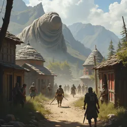 Human survivors defending a settlement against dangerous mutated animals using reinforced barriers and weaponry.