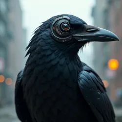 A hyper-intelligent crow wearing technological augments