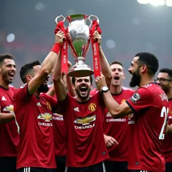 Manchester United team lifting the Europa League trophy in 2021, signifying a period of success.