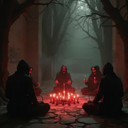 A clandestine ritual of the Cult of Sanguine Vespers in a shadowed corner of Verbano, featuring blood magic symbols and necromantic elements, conveying a sense of forbidden and dark practices.