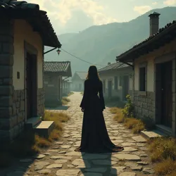 Isabeau de Montaigne, the sage-femme's daughter, standing in a Verbano village, casting a long shadow, hinting at her mysterious influence and connection to ancient traditions.