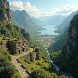 Ancient Verbano valley showing Roman ruins alongside pre-Roman stone structures, illustrating the long history and layers of civilization in the region, with Lake Maggiore in the background.