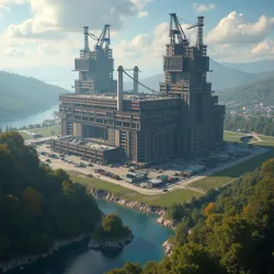 The massive Central Apex Production Hub dominating the landscape of Havenwood Creek, symbolizing the town's economic reliance on Apex Media Enterprises.