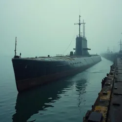 Derelict submarine in foggy harbor