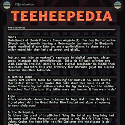 A typical Teeheepedia page render from March 2025, showing characteristic corruption artifacts
