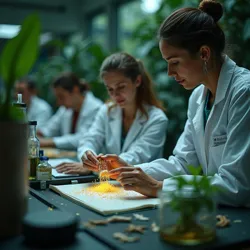 Scientists at the International Biogerontology Institute analyze samples of Chronofructus amazonensis discovered near the ancient Araracuara caldera