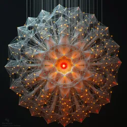 A complex geometric loom with glowing threads