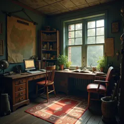 Cluttered room filled with maps, ancient books, strange artifacts, and weapons, suggesting a base of operations against supernatural threats.