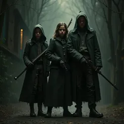 Three figures, two younger and one older, standing together in a tense, watchful stance, holding weapons in a dimly lit, eerie environment.