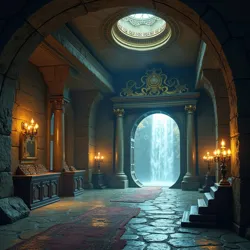 The grand entrance hall of the Underground Historical Archives, featuring preserved magical crystals from Waterfall