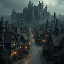 Narrow winding streets, shadowed courtyards, and imposing dark buildings create a self-contained village with a central square, looming church, sinister tavern, and Castle Grimmsborough.
