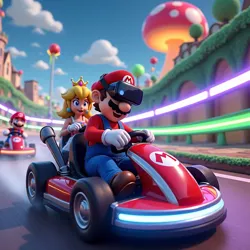 Guests wearing AR headsets race in motion-based karts experiencing virtual Mario Kart environments overlaid onto the real world.
