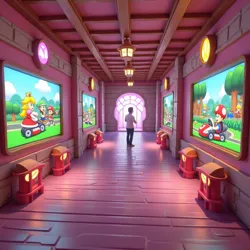 Themed queue area within Peach's Castle, featuring interactive elements and detailed recreations from the Mario games.