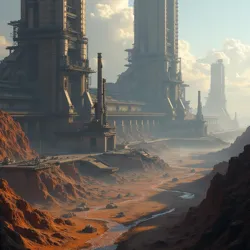 Vast, metallic industrial complexes on a distant planet, showing the manufacturing centers for cybernetic components and augmentations.