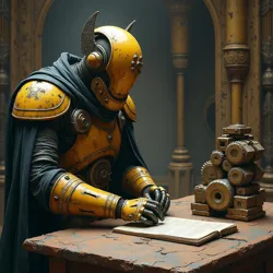 Gear Hierophants are depicted studying ancient relics of past civilizations, deciphering and preserving technological knowledge from bygone eras.
