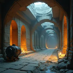 A heavily fortified vault or archive housing a collection of ancient and potentially dangerous technological artifacts.