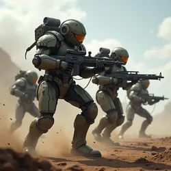 Heavily augmented soldiers, possibly Iron Hand Legionnaires, wielding integrated heavy weapons on a battlefield.