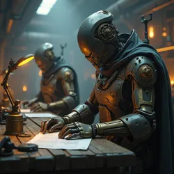 Elysian Machine-smiths of the Cog Magi sect working on cybernetic enhancements, incorporating Steel Sovereignty technology.