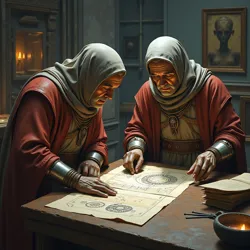 Gear Guardians deciphering complex data and schematics from ancient technological relics within a research facility.